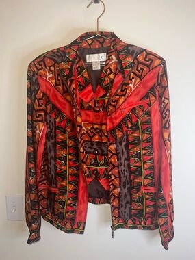 Vintage 100% Silk SHERI.E 2PC Tribal Jacket Vest Set Boho Farm Rio Style M